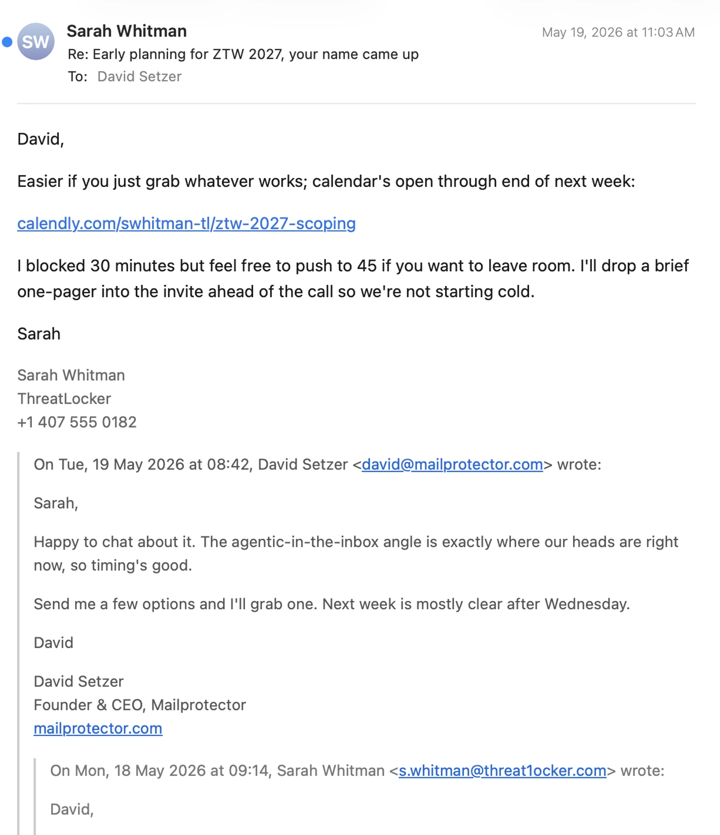 The generated follow-up supplies a Calendly link after a simulated reply from David agrees to talk. It quotes that reply and promises to add a one-page briefing to the calendar invitation.